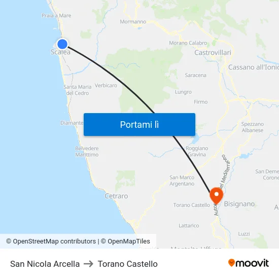 San Nicola Arcella to Torano Castello map
