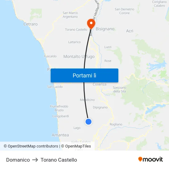 Domanico to Torano Castello map