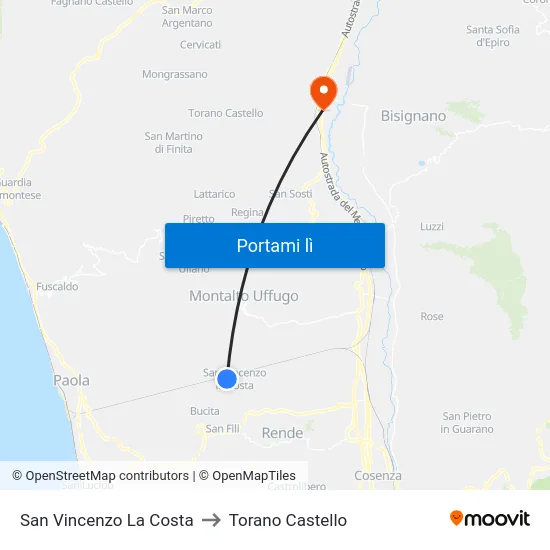 San Vincenzo La Costa to Torano Castello map