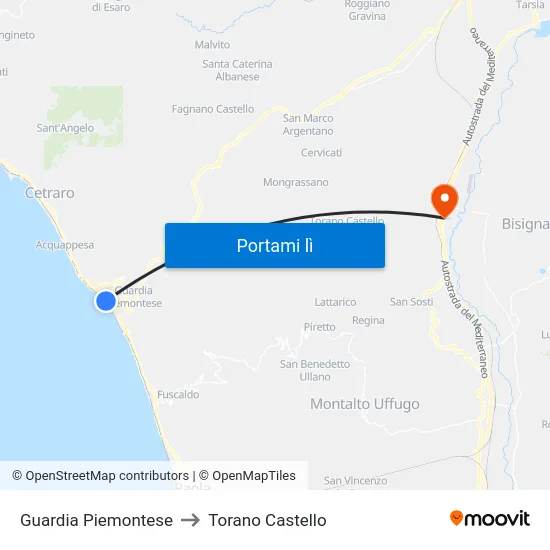 Guardia Piemontese to Torano Castello map