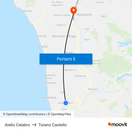 Aiello Calabro to Torano Castello map