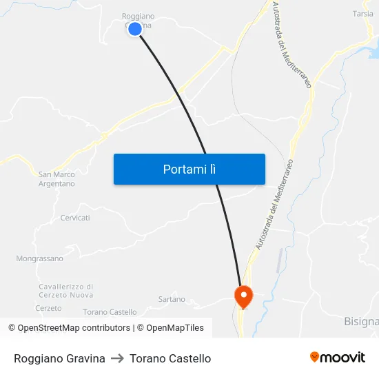 Roggiano Gravina to Torano Castello map