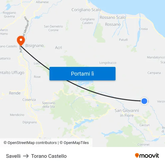 Savelli to Torano Castello map