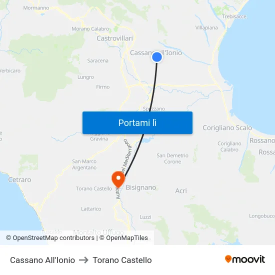 Cassano All'Ionio to Torano Castello map