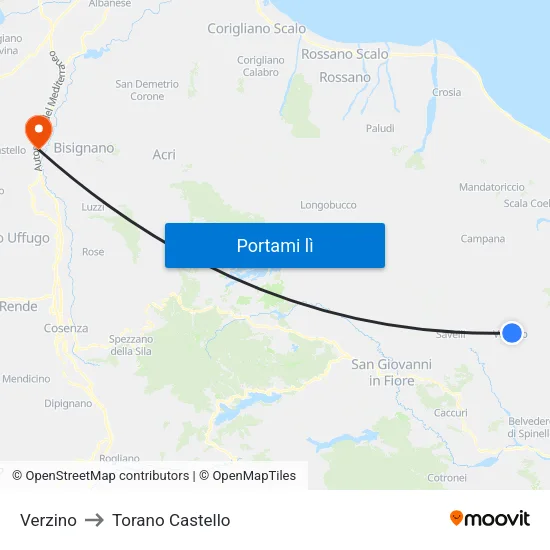 Verzino to Torano Castello map