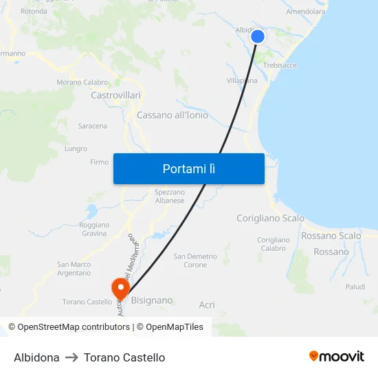 Albidona to Torano Castello map
