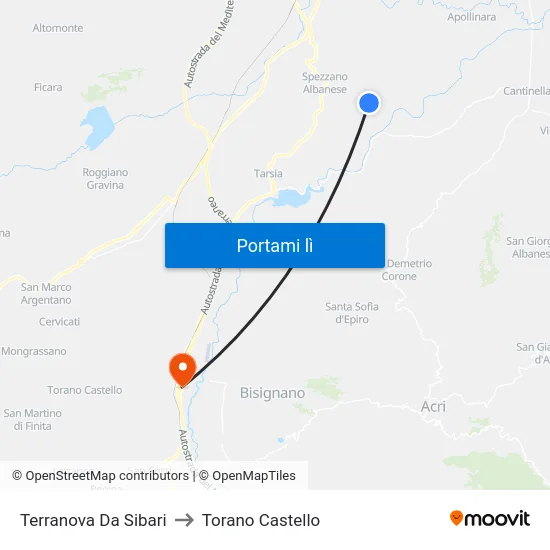 Terranova Da Sibari to Torano Castello map