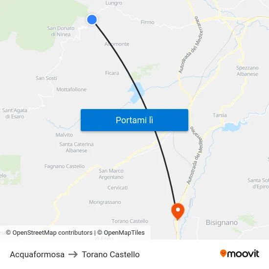 Acquaformosa to Torano Castello map