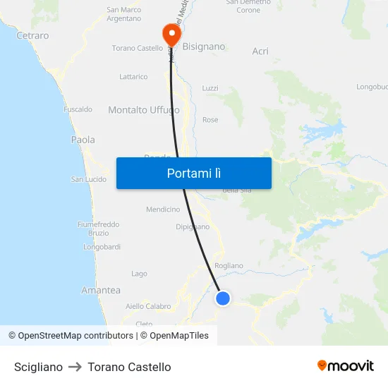 Scigliano to Torano Castello map