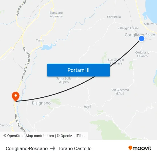 Corigliano-Rossano to Torano Castello map