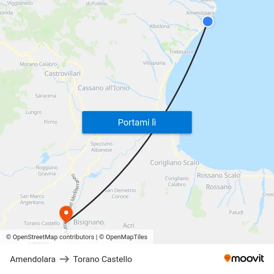 Amendolara to Torano Castello map