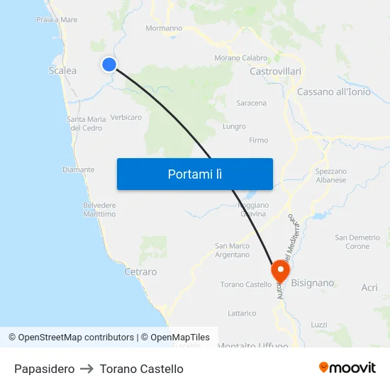 Papasidero to Torano Castello map