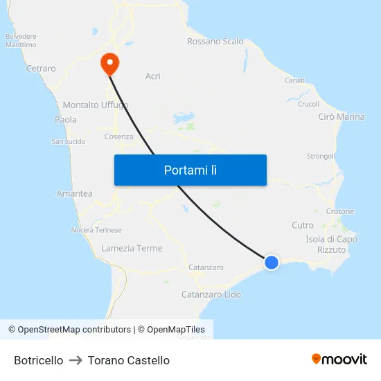 Botricello to Torano Castello map