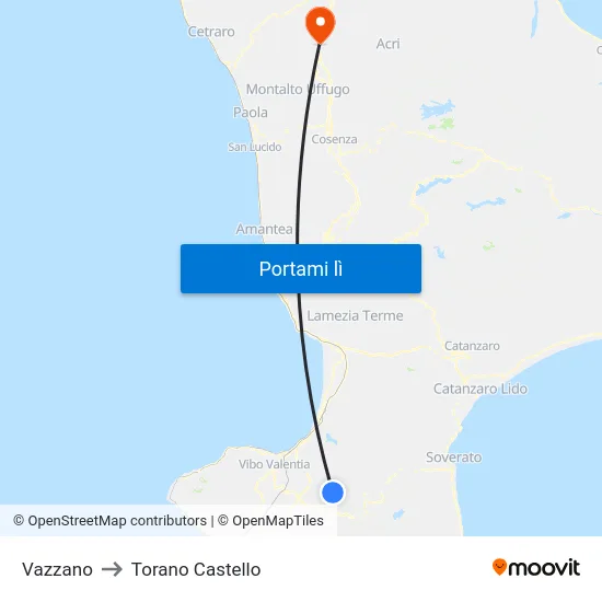 Vazzano to Torano Castello map