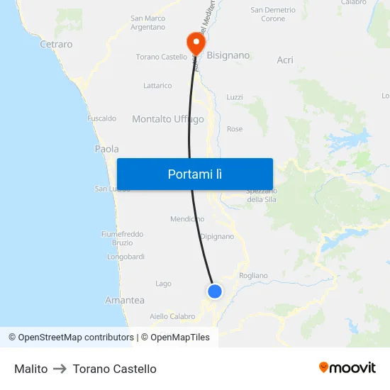 Malito to Torano Castello map