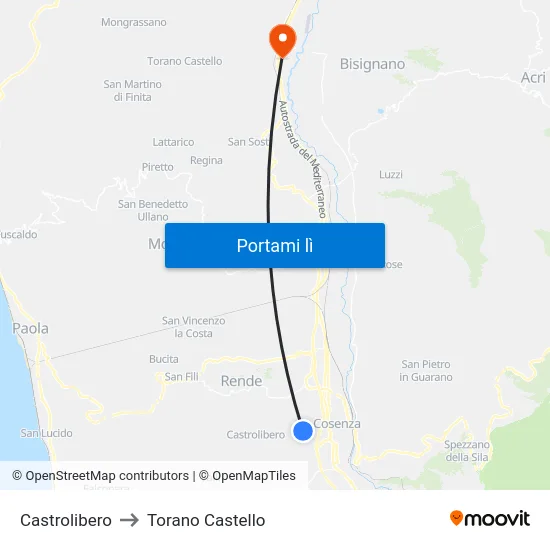 Castrolibero to Torano Castello map