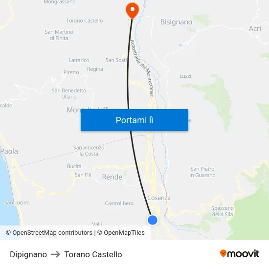 Dipignano to Torano Castello map