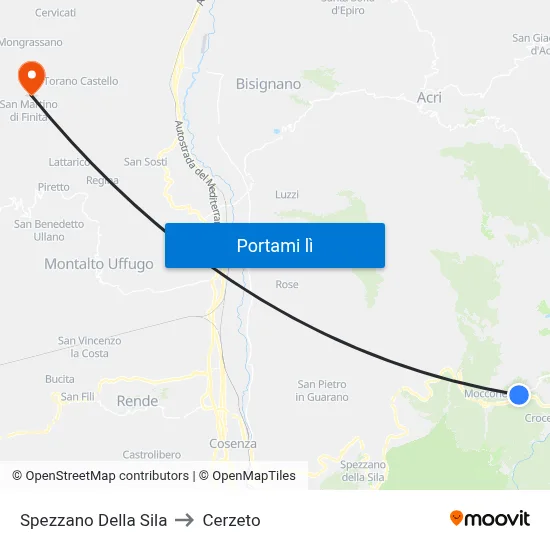 Spezzano Della Sila to Cerzeto map