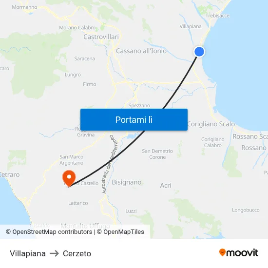 Villapiana to Cerzeto map
