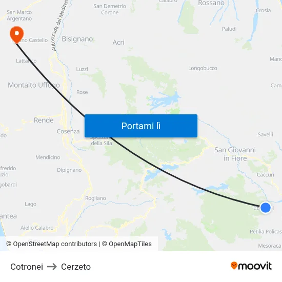 Cotronei to Cerzeto map