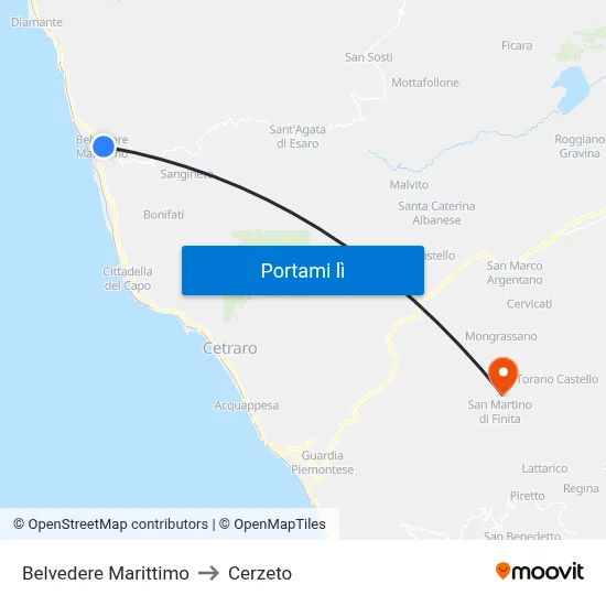 Belvedere Marittimo to Cerzeto map