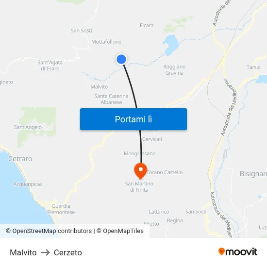 Malvito to Cerzeto map