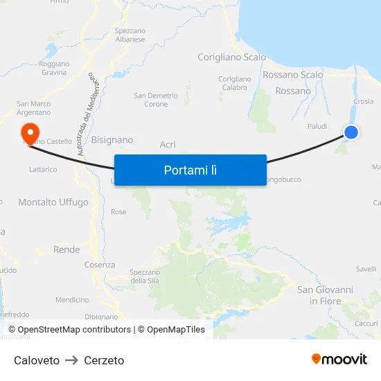 Caloveto to Cerzeto map