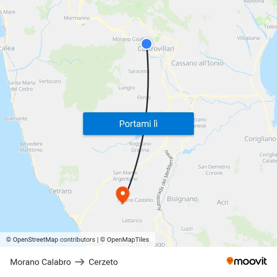 Morano Calabro to Cerzeto map