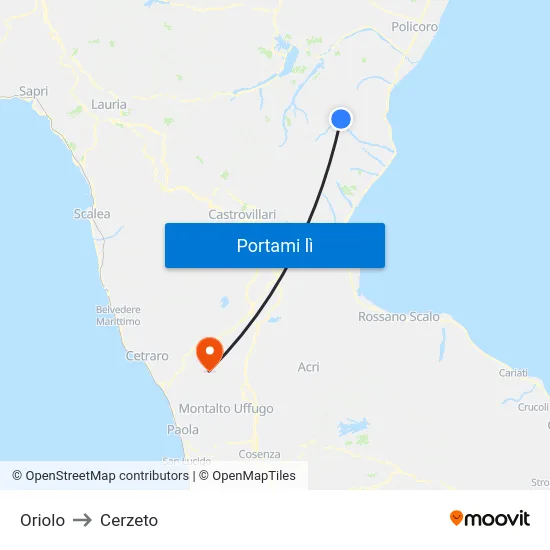 Oriolo to Cerzeto map