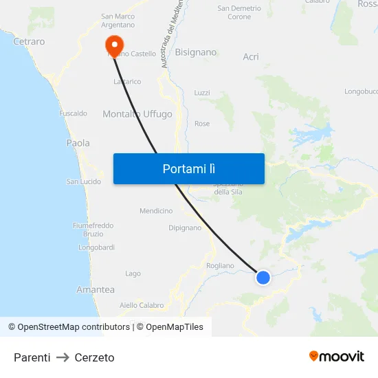 Parenti to Cerzeto map