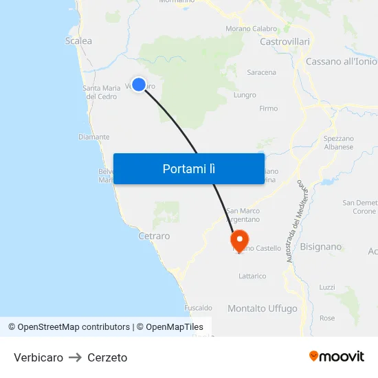 Verbicaro to Cerzeto map