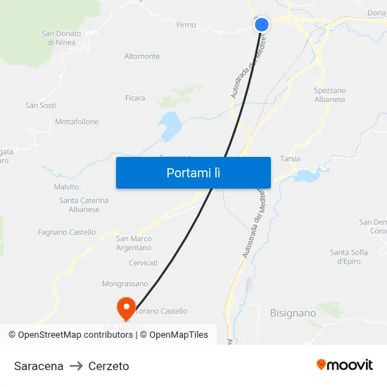 Saracena to Cerzeto map