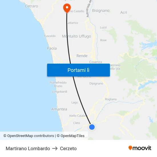 Martirano Lombardo to Cerzeto map