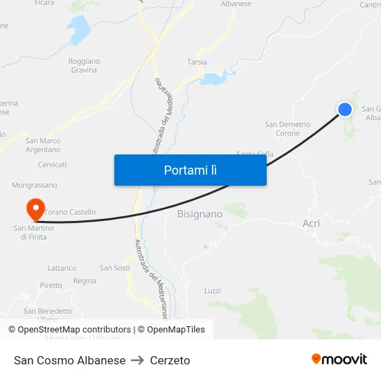 San Cosmo Albanese to Cerzeto map