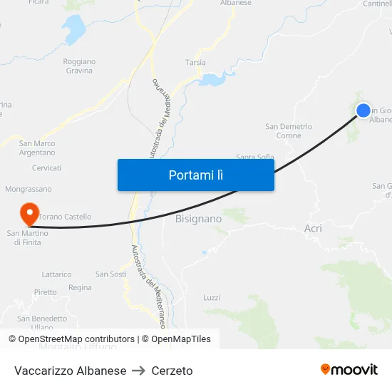 Vaccarizzo Albanese to Cerzeto map