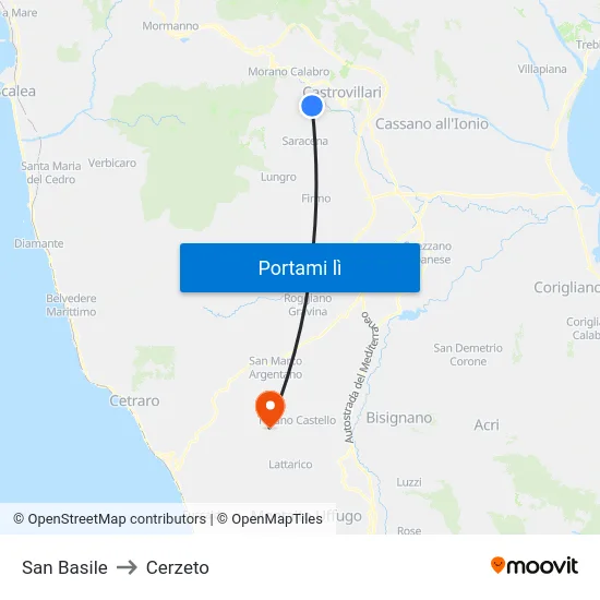 San Basile to Cerzeto map