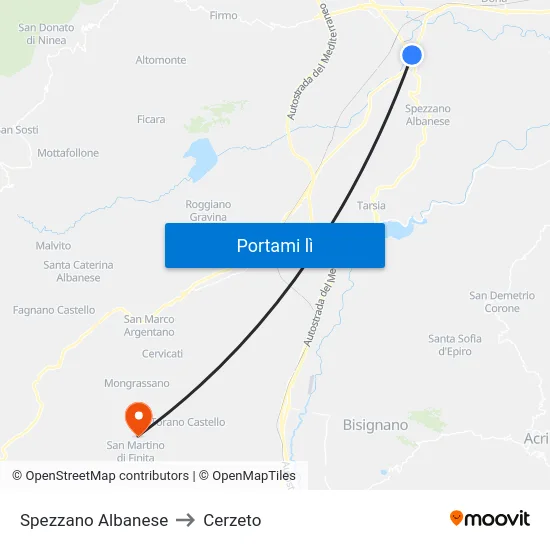 Spezzano Albanese to Cerzeto map