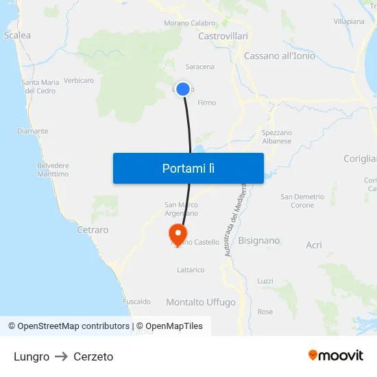 Lungro to Cerzeto map