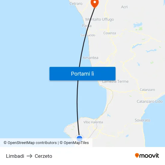 Limbadi to Cerzeto map