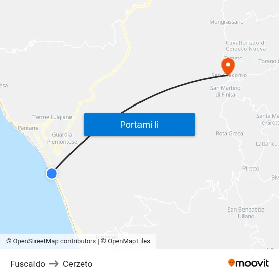 Fuscaldo to Cerzeto map
