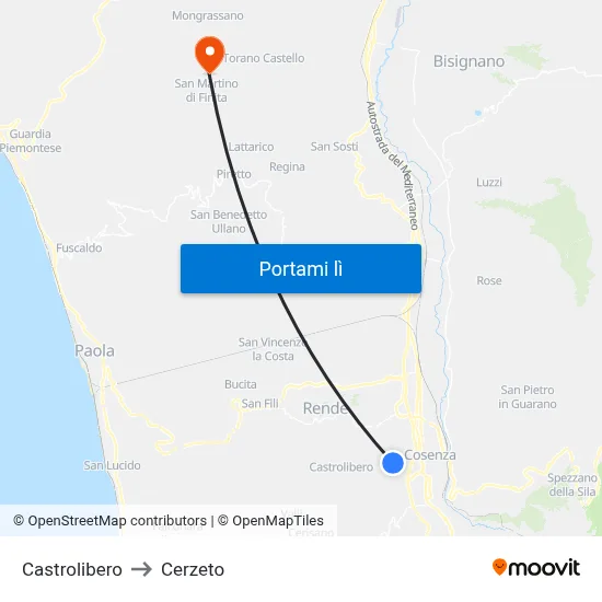 Castrolibero to Cerzeto map
