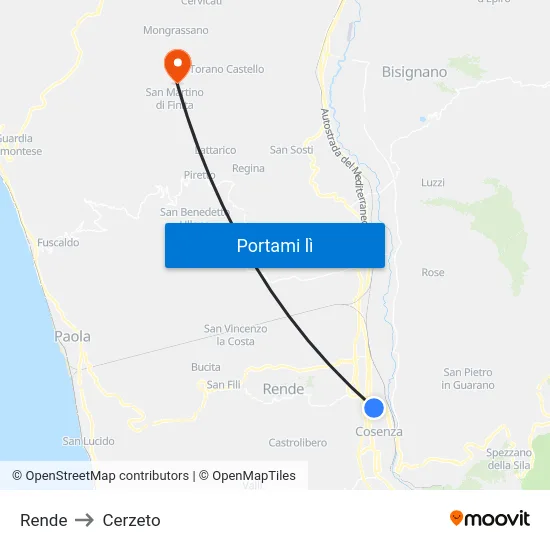 Rende to Cerzeto map