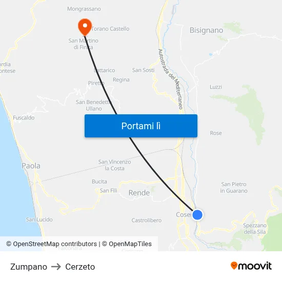 Zumpano to Cerzeto map