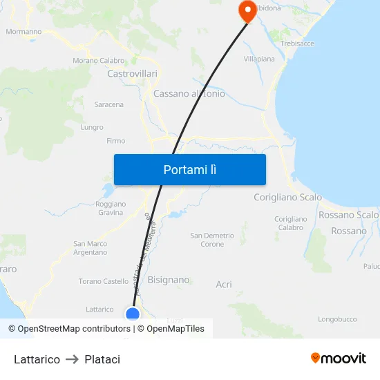 Lattarico to Plataci map