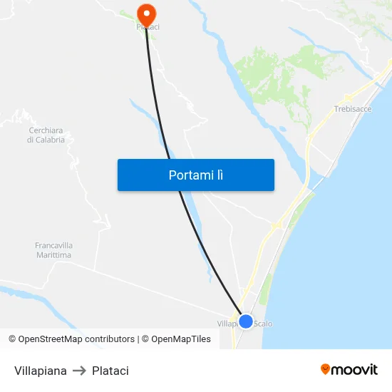 Villapiana to Plataci map