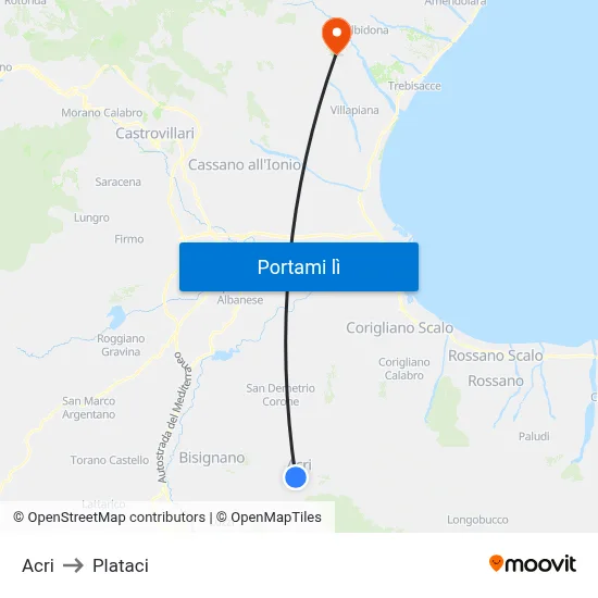 Acri to Plataci map
