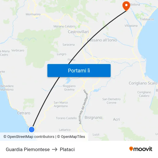 Guardia Piemontese to Plataci map