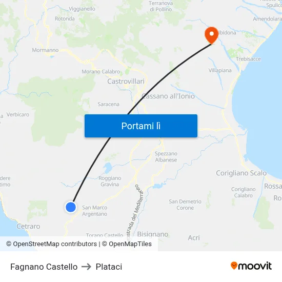Fagnano Castello to Plataci map
