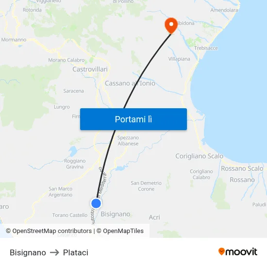Bisignano to Plataci map