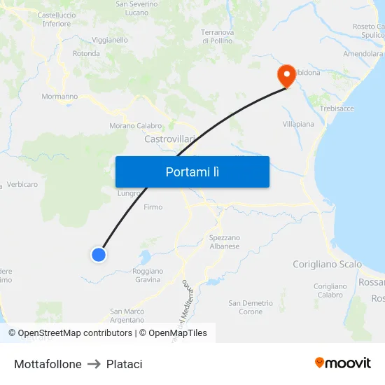 Mottafollone to Plataci map